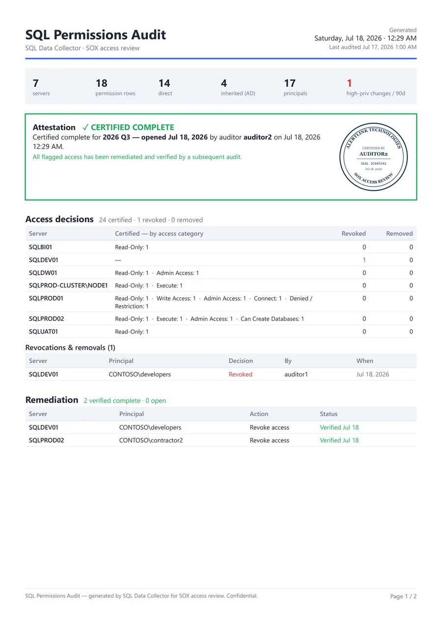 Page one of a certified attestation PDF with the AlertLink notary seal