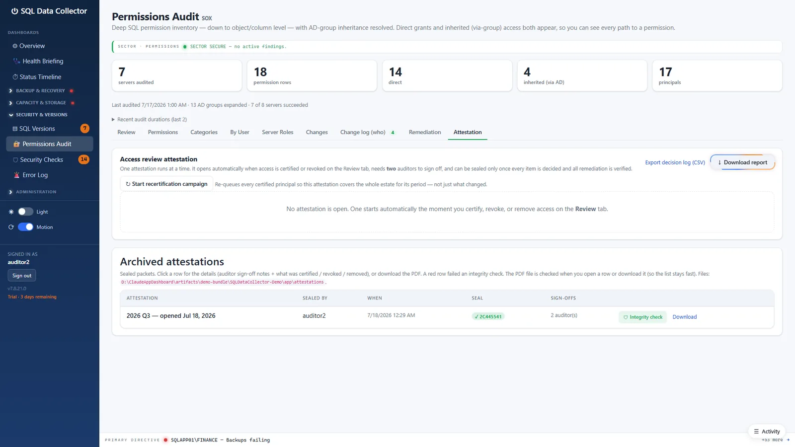 Attestation tab showing an archived, sealed attestation with an integrity check and download link