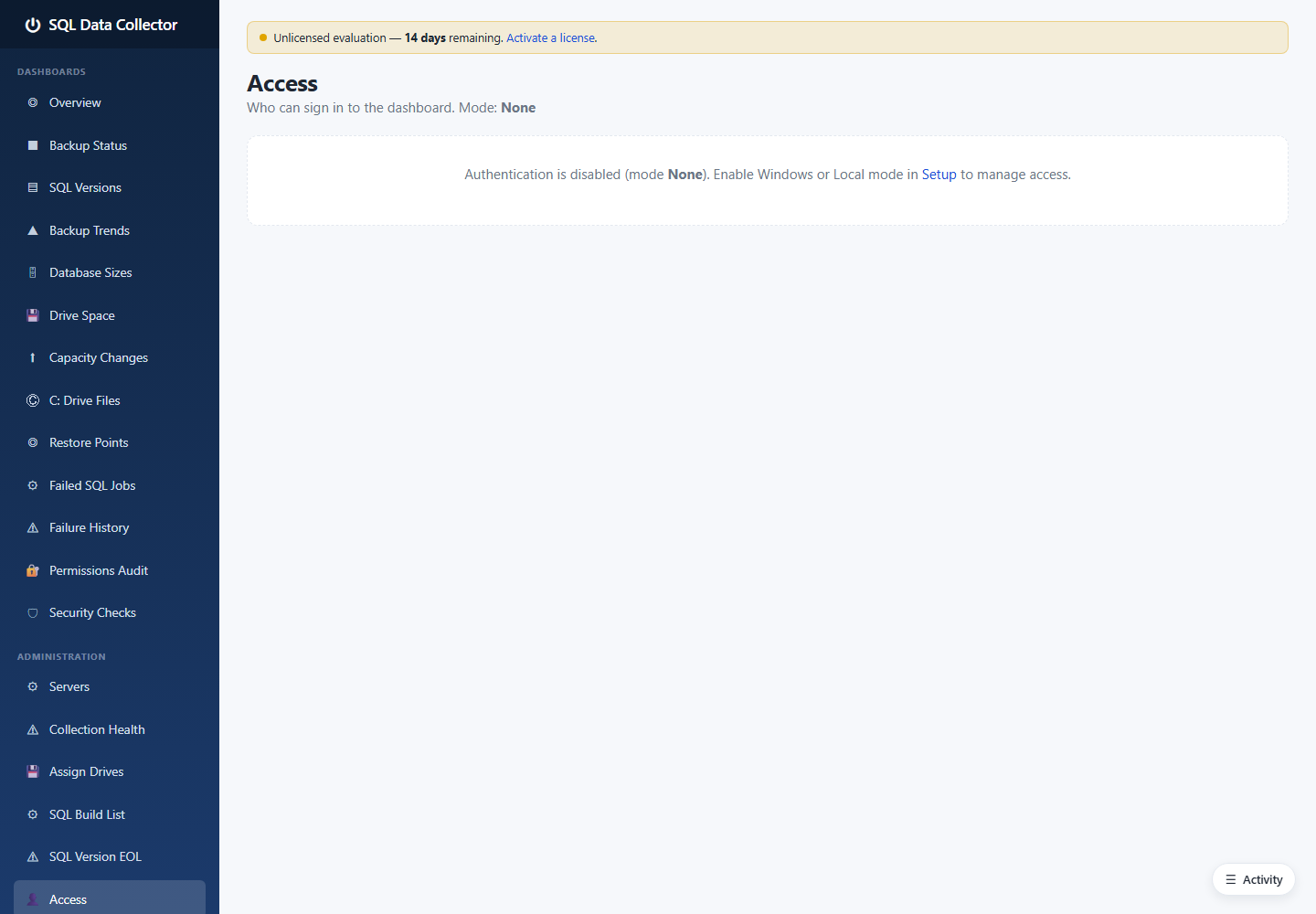 Access page (authentication disabled)