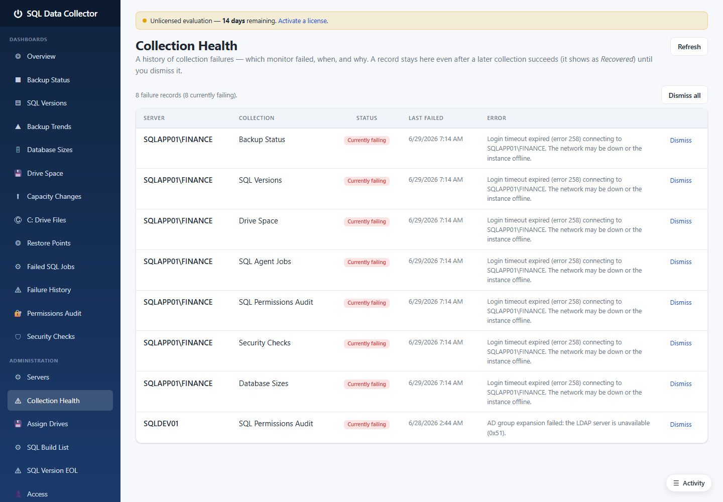 Collection Health page