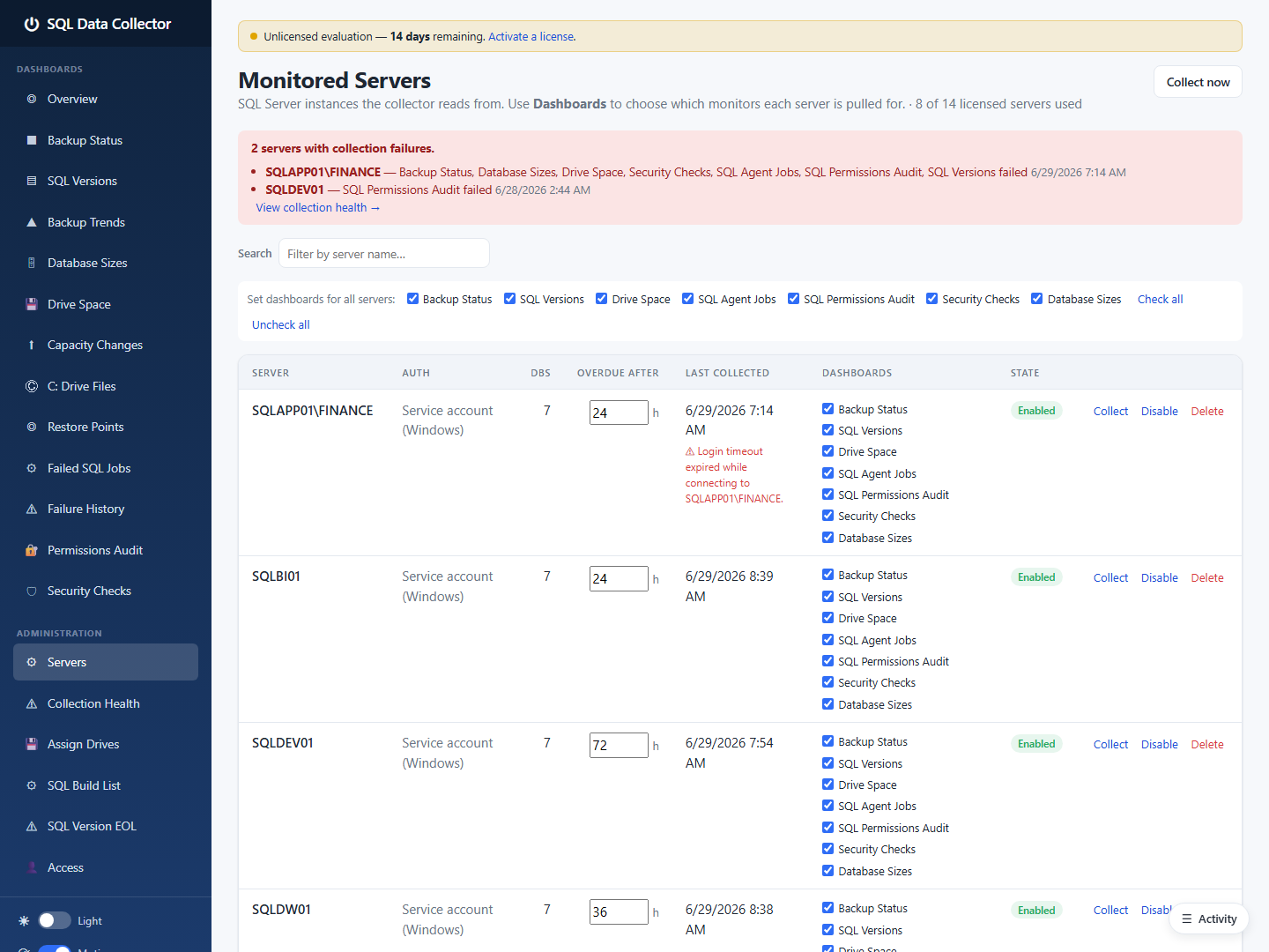 Servers admin page