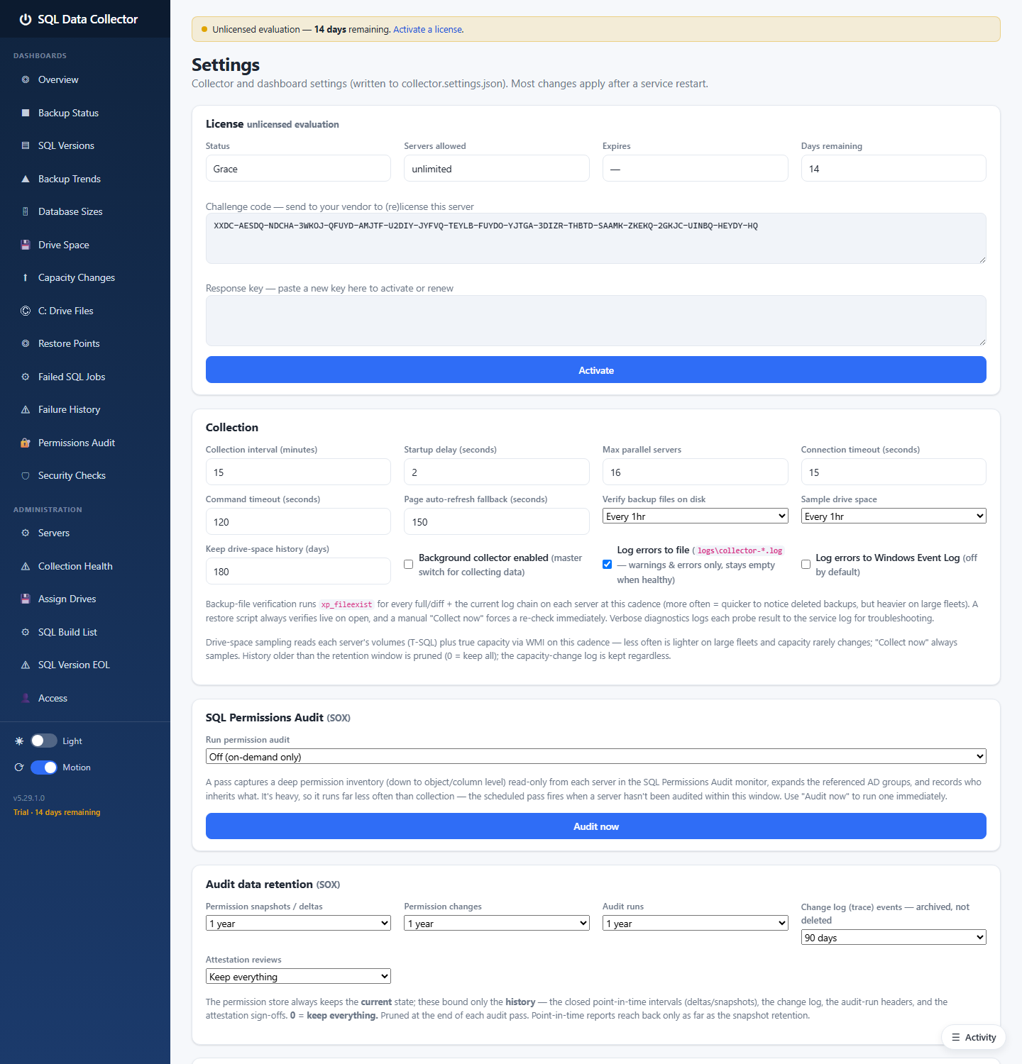 Settings page