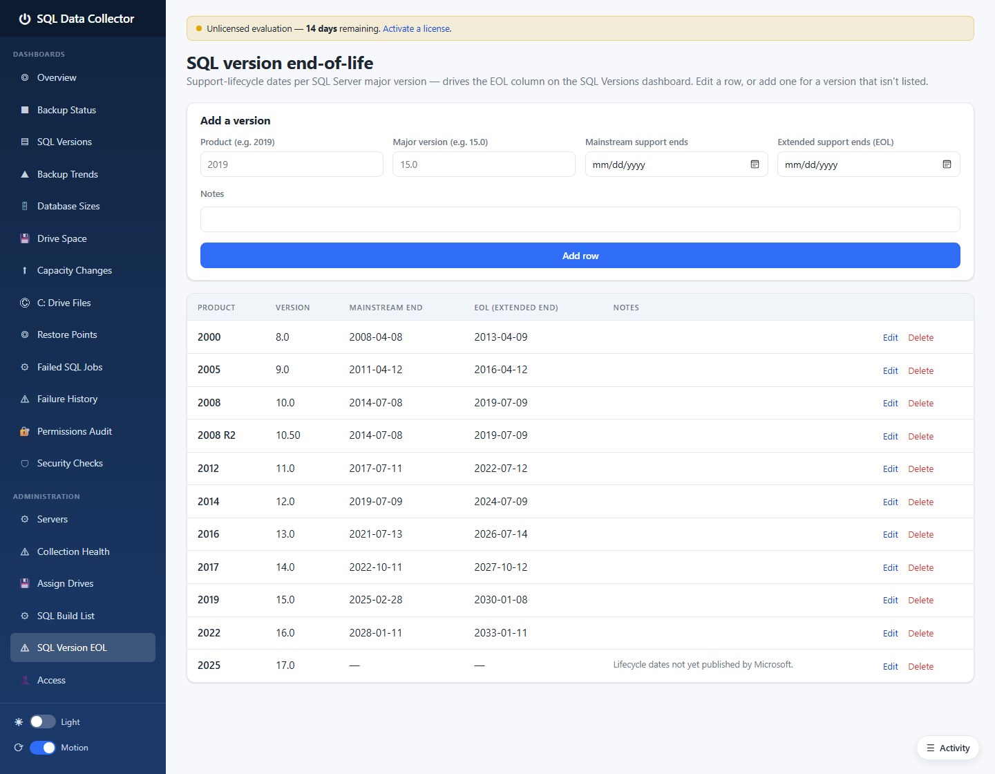 SQL Version EOL page